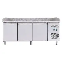 MESA REFRIGERADA PARA PREPARACIÓN DE PIZZA DE ACERO INOX AISI 201 - PARA CONTENEDORES PIZZAS cm 60x40 - VENTILADO - Mod. G-PZ3600TN FC - N. 3 PUERTAS REFRIGERADAS - TEMPERATURA -2°/+8°C - Medidas cm A 202 X F 80 X h 100 - CE