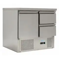SALADETTE Y MESA REFRIGERADA DE ACERO INOX AISI 201 - Mod. G-S901-2D-FC - ESTÁTICA -GASTRONORM 1/1 (cm 53 x 32,5) - 1 PUERTA REFRIGERADAS + N. 2 CAJONES - TEMPERATURA +2°/+10°C - Medidas cm. A 90 x F 70 x h 85 - CE
