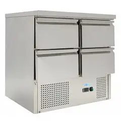 SALADETTE Y MESA REFRIGERADA DE ACERO INOX AISI 201 - Mod. G-S901-4D-FC - ESTÁTICA - N. 4 CAJONES - TEMPERATURA +2°/+10°C - Medidas cm.  A 90 x F 70 x h 85 - CE