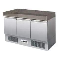 MESA REFRIGERADA PARA PREPARACIÓN DE PIZZA DE ACERO INOX AISI 304 - GASTRONORM 1/1 (cm 53x32,5) - ESTÁTICO - Mod. G-S903PZVRX - N. 3 PUERTAS REFRIGERADAS - TEMPERATURA +2°/+8°C - Medidas cm A 140 X F 70 X h 102 - CE