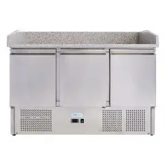 MESA REFRIGERADA PARA PREPARACIÓN DE PIZZA DE ACERO INOX AISI 201 - GASTRONORM 1/1 (cm 53 x 32,5) - ESTÁTICO - Mod. G-S903PZVRX FC - CON VITRINA PARA INGREDIENTES - 3 PUERTAS REFRIGERADAS - TEMPERATURA +2°/+8°C - Medidas cm. A 140 x F 70 x h 102 - CE