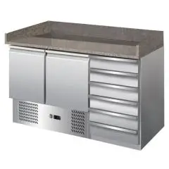 MESA REFRIGERADA PARA PREPARACIÓN DE PIZZA DE ACERO INOX AISI 201 - GASTRONORM 1/1(cm 53 x 32,5) - ESTÁTICO - Mod. G-S903PZCAS FC - 2 PUERTAS REFRIGERADAS + N. 6 CAJONES NEUTROS - TEMPERATURA +2°/+8°C - Medidas cm. A 140 x F 70 x h 102 - CE