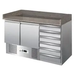 MESA REFRIGERADA PARA PREPARACIÓN DE PIZZA DE ACERO INOX AISI 304 - GASTRONORM 1/1 (cm 53x32,5) - ESTÁTICO - Mod. G-S903PZCASSV -N. 2 PUERTAS REFRIGERADAS + 1 CAJONERAS NEUTRAS CON N. 6 CAJONES - TEMPERATURA +2°/+8°C - Medidas cm A 140 X F 70 X h 102 - CE