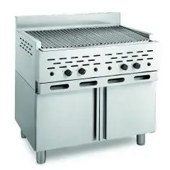 BARBACOAS DE PIEDRA VOLCÁNICA - MOD. 2100/R2M - VERSIÓN MONOBLOQUE SOBRE MUEBLE - POTENCIA Kw/h 22,52 - ALIMENTACIÓN METANO-GPL - Medidas cm A 89 x F 70 x h 85 - Homologación CE