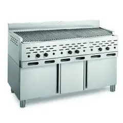 BARBACOAS DE PIEDRA VOLCÁNICA - MOD. 2100/R3M - VERSIÓN MONOBLOQUE SOBRE MUEBLE - POTENCIA Kw/h 33,78 - ALIMENTACIÓN METANO-GPL - Medidas Cm A 130 x F 70 x h 85 - Homologación CE