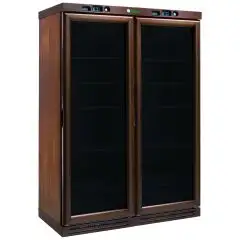 BODEGA DE VINO REFRIGERADA DE MADERA - Mod. KL2794 - Estática - Temperatura +2°/+8°C / -18°/-22°C- Capacidad Lt. 310 + 310 - Alimentación monofásica 230V/1/50Hz - Potencia W 185 + 150 - Medidas cm L 128 x P 61 x h 186 - Peso Kg 260