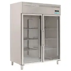 Armario frigorífico en acero inox AISI 201 - Mod M-GN1410TNG-FC - Gastronorm 2/1 (65 x 53 cm) - Ventilado - 2 puerte de vidrio - Capacidad de 1300 litros - Temperatura 0°/+8°C - Medidas cm L 148 x P 83 x 201 H