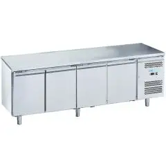 Mesa refrigerada de acero inox AISI 201 - Mod M-GN4100BT-FC - Gastronorm 1/1 (cm 53 x 32,5) - Ventilada - 4 puertas - Capacidad bruta 553 litros - Temperatura -18°/-22°C - Medidas cm L 223 x P 70 x H 85