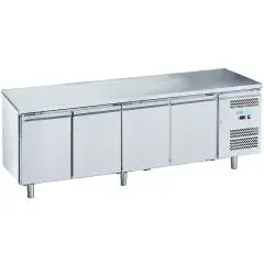 Mesa refrigerada de acero inox AISI 201 - Mod M-GN4100TN-FC - Gastronorm 1/1 (cm 53 x 32,5) - Ventilada - 4 puertas - Capacidad bruta 553 litros - Temperatura +2°/+8°C - Medidas cm L 223 x P 70 x H 85