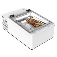 EXPOSITOR de MESA REFRIGERADO - MOD. CREAM 2V W - AHORRO ENERGÉTICO -11% - Capacidad LT. 28 - Refrigeración ESTÁTICA - Temperatura -10°/-22° - Medidas cm. L 49 x P 79 x h 34,5 - Homologación CE