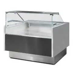 MOSTRADOR VITRINA PARA ALIMENTOS REFRIGERADO - MOD ERRE VD - VENTILADO - CRISTAL RECTO - ENCIMIERA DE TRABAJO EN ACERO - SUPERFICIE DE EXPOSICIÓN EN ACERO - TEMPERATURA MÍNIMA DE TRABAJO °C +2/+5 - FONDO SUPERFICIE DE EXPOSICIÓN: 65 CM