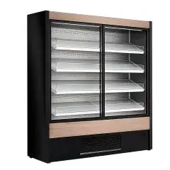PANTALLA DE PARED REFRIGERADA DE AUTOSERVICIO VENTILADA - TEMPERATURA +0/+2 &deg;C - PARA BEBIDAS, PRODUCTOS L&Aacute;CTEOS, PRODUCTOS PREENVASADOS - MOD. OLIMPO OM W - CON PUERTAS CORREDERAS - TRES ESTANTER&Iacute;AS BASCULANTES