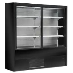 PANTALLA REFRIGERADA DE AUTOSERVICIO MONTADA EN LA PARED - VENTILADA - TEMPERATURA &deg;C +0/+2- PARA BEBIDAS, PRODUCTOS L&Aacute;CTEOS, PRODUCTOS PREENVASADOS - MOD. OLIMPO OI W - CON PUERTAS CORREDERAS - CON ESTANTER&Iacute;AS RECTAS