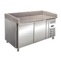 MESA REFRIGERADA PARA PREPARACIÓN DE PIZZA DE ACERO INOX AISI 304 - PARA CONTENEDORES DE PIZZA cm 60x40 - VENTILADO - Mod. RB02 - N. 2 PUERTAS - TEMPERATURA +2°/+8°C - Dim. Cm L 151 X P 80 X h 100 - CE