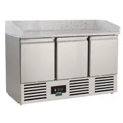 MESA REFRIGERADA PARA PREPARACIÓN DE PIZZA Y ENSALADAS DE ACERO INOX AISI 304 - Mod SF 903 PZ - ESTÁTICO CON AGITADOR - GASTRONORM 1/1 (cm 53 x 32,5) - N 3 PUERTAS REFRIGERADAS - TEMPERATURA +2°/+8°C - Dim cm L 140 x P 70 x h 101