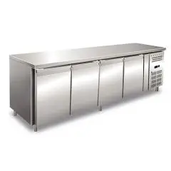 MESA REFRIGERADA EN ACERO INOX AISI 304 - VENTILADA - Mod. UOCEM4100BT - N. 4 PUERTAS - CAPACIDAD Lt 511 - TEMPERATURA -10°/-20°C - Medidas cm. L 223 x P 60 x h 86 - Homologación CE