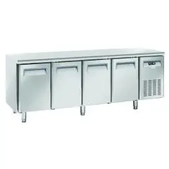 MESA REFRIGERADA DE ACERO INOX - PARA SNACK - MOD. SR 4100 - N. 4 PUERTAS - VENTILADO - CAPACIDAD Lt. 485 - TEMPERATURA -2° / +8° C - DIM. Cm L 225 x P 60 x H 85 - CE