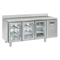 MESA REFRIGERADA CON PETO DE ACERO INOX - PARA SNACK - MOD. SRG 3200 - N. 3 PUERTAS ACRISTALADAS - VENTILADO - CAPACIDAD Lt. 358 - TEMPERATURA +3° / +10° C - DIM. cm L 180 x P 62,5 x H 95 - CE