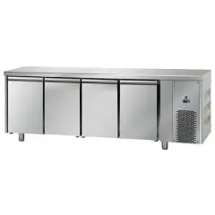 MESA REFRIGERADA DE ACERO INOX AISI 304 - VENTILADO - Mod. UG04MBT - GASTRONORM 1/1 - N. 4 PUERTAS - Temperatura -18°/-22°C - Medidas cm L 232 x P 71,5 x h 85/92 - CE
