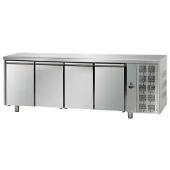 MESA REFRIGERADA DE ACERO INOX AISI 304 - VENTILADO - Mod. UG04MGN - GASTRONORM 1/1 - N. 4 PUERTAS - Temperatura NORMAL 0°/+10°C - Dim cm. L 232 x P 70 x h 85/92 - CE