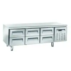 Mesa refrigerada de acero inox - Mod UGN 3160 - Refrigeración ventilada - 6 cajones - Capacidad 268 L - Temperatura -2°/+8°C - Dimensiones L 180,3 x P 70 x H 65 cm