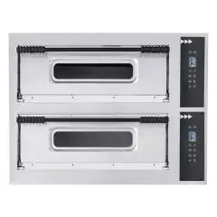 HORNOS ELÉCTRICOS DIGITALES PARA PIZZA - Mod. BASIC 44/D - N. 2 cámaras - Superficies de cocción con piedras refractarias - Medidas de la cámara cm A 66 x F 66 x 14h - N. Pizzas 4 + 4 (Ø cm 32) - Potencia 9,4 Kw - CE