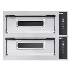 HORNOS ELÉCTRICOS DIGITALES PARA PIZZA - Mod. BASIC 66/D CPR - N. 2 cámaras - Techo y base con piedras refractarias (lados excluidos) - Medidas de la cámara cm A 66 x F 99 x 14 h - N. Pizzas 6 + 6 (Ø cm 32) - Potencia 14,4 Kw - CE