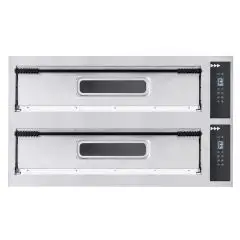 HORNOS ELÉCTRICOS DIGITALES PARA PIZZA - Mod. BASIC XL66L/D - N. 2 cámaras - Superficies de cocción con piedras refractarias - Medidas de la cámara cm A 108 x F 72 x 14 h - N. Pizzas 6 + 6 (Ø cm 35) - Potencia 18 Kw - CE