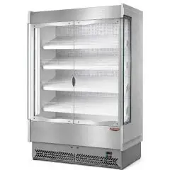 EXPOSITOR MURAL REFRIGERADO CON PUERTAS ABATIBLES - MOD. VULCANO VB 80 INOX - Para FRUTA y VERDURA - de BAJO CONSUMO ENERG&Eacute;TICO - VENTILADO - Temperatura m&iacute;nima de trabajo &deg;C +6/+8 - AUTOSERVICIO - NO MODULAR - CE