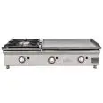 Plancha laminada de GAS con Fogón - Mod 100PGLFN - Potencia 5,5 + 5,8 kw - Superficie útil AxF 600x400 + 400x400 mm - Quemadores n 3 - Dimensiones A 1006 x F 450 x H 233 mm - Peso 31 kg