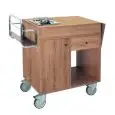 CARRO PARA FLAMBEAR - MOD. 1160S - ESTRUCTURA DE AGLOMERADO LAMINADO - FUEGO individual de inox a gas - Compartimiento para bombona con puerta - Cajón portacubiertos - ESTANTE RECLINABLE - PORTABOTELLAS - Medidas de ABIERTO cm A 123 x F 50 x 87 H - Medida