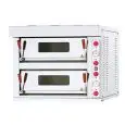 HORNO ELÉCTRICO PARA PIZZAS - Mod. T2C/I - N. 2 soleras de cocción refractarias - Medidas interiores cámara cm A 70 x F 105 x h15 - N. Pizzas 6 + 6 (Ø cm 35) - Capacidad: N. 2 + 2 Bandejas (cm 60x40) - Potencia máxima Kw 16 - Norma CE