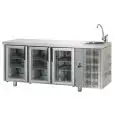 MESA REFRIGERADA DE ACERO INOX AISI 304 - Mod. UG03MPVL - ENCIMERA CON FREGADERO - VENTILADO - GASTRONORM 1/1 - N. 3 PUERTAS DE CRISTAL - Temperatura 0°/+10°C - Medidas cm. L 187 x P 70 x h 115/120 - CE