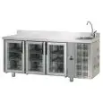 MESA REFRIGERADA CON PETO DE ACERO INOX AISI 304 - Mod. UG03MPVLAL - ENCIMERA CON FREGADERO - VENTILADO - GASTRONORM 1/1 - N. 3 PUERTAS DE CRISTAL  Temperatura 0°/+10°C - Medidas cm. L 187 x P 70 x h 115/120 - CE