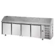MESA REFRIGERADA PARA PREPARACIÓN DE PIZZA DE ACERO INOX AISI 304 - Mod. QA04M80 - PARA CONTENEDORES DE PIZZA cm 60x40 - VENTILADO - N. 4 PUERTAS - Temperatura 0°/+10°C - Medidas cm. L 271 x P 80 x h 103/110 - CE