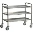 CARRO DE SERVICIO INOX TRANSPORTE PESADO DE TRES PISOS - MOD. CA1395P - Estructura de acero inox 25x25 mm - Planos DE ACERO INOX doblado con omega de renfuerzos - Medidas cm A 111 x F 66 x h 98