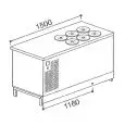 MOSTRADOR de POZOS para HELADOS con RESERVA - SEMIACABADO - MOD. BPGELG150 - A GLICOL - Alimentación monofásica V230/50hz - N. 6 pozos/cubetas - CON UNIDAD CONDENSADORA INCORPORADA - Medidas cm L 150 x P 68,8 x h 95,1