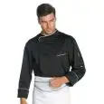 CHAQUETA DE COCINERO CHEF PRETORIA - MOD. 059801 - 65% POLIÉSTER / 35% ALGODÓN - ESPALDA CON RED MICROFOR PARA MEJORAR LA TRANSPIRACIÓN - COLOR NEGRO CON BORDES BLANCOS