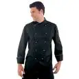 CHAQUETA DE COCINERO CHEF LIMA - MOD. 057461 - 65% POLIÉSTER y 35% ALGODÓN - BOTONES DE COLOR PLATEADO - FUELLES LATERALES - RED DE AIREACIÓN EN LAS AXILAS - BOLSILLO EN EL PECHO Y EN EL BRAZO - COLOR NEGRO CON BORDE BLANCO EN LOS PUÑOS Y EN EL CUELLO