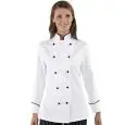 CHAQUETA LADY GRANCHEF - MOD. 057511 - 100% ALGODÓN - BOTONES REDONDOS NEGROS - COLOR BLANCO CON RAYA NEGRA EN LOS PUÑOS Y EN EL CUELLO - CUELLO CON DISEÑO ELEGANTE
