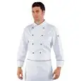 CHAQUETA DE COCINERO CHEF PECHINO - MOD. 057451 - 100% ALGODÓN - BOTONES REDONDOS NEGROS - FUELLES LATERALES - RED DE AIREACIÓN EN LAS AXILAS - BOLSILLO EN EL PECHO Y EN EL BRAZO - COLOR BLANCO CON BORDES NEGROS EN LOS PUÑOS Y EN EL CUELLO