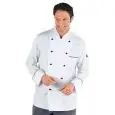 CHAQUETA DE COCINERO CHEF PRESTIGE - MOD. 059000 - 100% ALGODÓN - CON DOBLE BOTONADURA - BOTONES REDONDOS NEGROS - BOLSILLO EN EL PECHO Y EN EL BRAZO - COLOR BLANCO CON FRANJAS TRICOLORES COCIDAS EN EL BOLSILLO, PUÑOS Y CUELLO