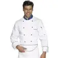 CHAQUETA DE COCINERO CHEF EUROCHEF - MOD. 057099 - 100% ALGODÓN - CON DOBLE BOTONADURA - BOTONES REDONDOS AZULES - BOLSILLO EN EL PECHO Y EN EL BRAZO - COLOR BLANCO CON FRANJAS AZULES COCIDAS EN EL BOLSILLO Y EN LOS PUÑOS - CUELLO DE COLOR AZUL CON EL LOG