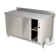 Mesa de trabajo Inox con armario caliente y puertas correderas - con peto posterior - Encimera de 4 cm de espesor - Potencia W 2500 - Alimentación monofásica 230V/1/50hz