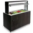 ISLA EXPOSITORA BUFFET CON SUPERFICIE NEUTRA DE CUARZO COMPACTO - MOD. VENEZIA QNE - ESTRUCTURA DE MADERA - ENCIMERA Y SUPERFICIE DE CUARZO COMPACTO DE ALTA PUREZA - CRISTALES TEMPLADOS - Homologación CE