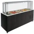 MOSTRADOR BUFFET CON SUPERFICIE CALIENTE DE CUARZO COMPACTO PARA SERVICIO ASISTIDO - MOD. VENEZIA SERVITO QPC - ESTRUCTURA DE MADERA - ENCIMERA Y SUPERFICIE DE CUARZO COMPACTO DE ALTA PUREZA - VITRINA DE CRISTAL BLINDADO - Temperatura °C +30/+80 - Homolog