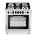 COCINA 5 FUEGOS CON HORNO ELÉCTRICO DE CONVECCIÓN - Cod. EKC 96.3 - Capacidad bandejas/rejillas n. 4 GN 1/1 - Potencia Horno kW 5,2 - Alimentación TRIFÁSICA AC 380/400 V 2N 50-60 Hz - Medidas ext. cm. A 90 x F 60 x 90 H - Alimentación MULTIGAS