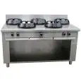 COCINA CHINA A GAS 5 FUEGOS  - MOD. EE05 - Construida exclusivamente a medida - Armario abierto - Estante liso - Potencia a gas a elegir entre kW 9,5/14/21 - Medidas: cm A 150 x F 100 x H 85 - Homologación CE