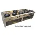 COCINA CHINA A GAS 7 FUEGOS  - MOD. EE07 - Construida exclusivamente a medida - Armario abierto - Estante liso - Potencia a gas a elegir entre kW 9,5/14/21 - Medidas: cm A 200 x F 100 x H 85 - Homologación CE