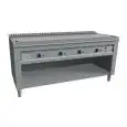 COCINA TEPPANYAKI A GAS 4 FUEGOS  - MOD. VGP4160L - 4 zonas de cocción - Construida exclusivamente a medida - Armario abierto - Plancha de cocción en baño de cromo duro y lúcido - Canal perimetral - Potencia a gas kW 23,2 (4x5,8 kW) - Medidas: cm A 160 x 